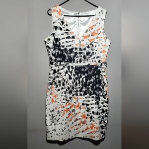 Size 12 T Tahari Black and Orange Abstract Tie-dye Sleveless V-neck Dress